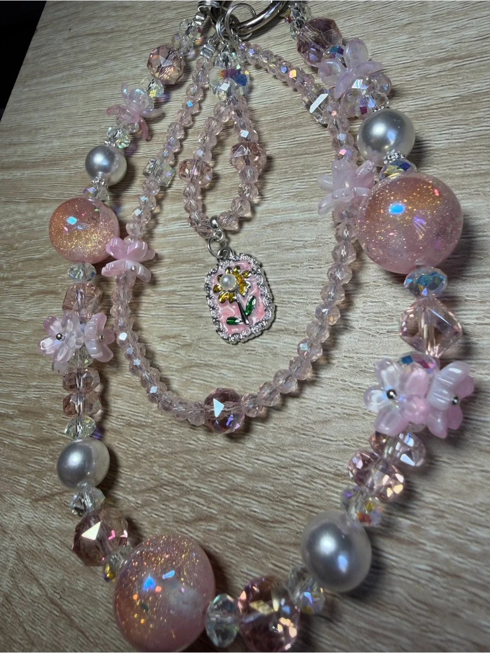 Pink Floral Charm Beaded Chain for Phone/Purse/Keys Set